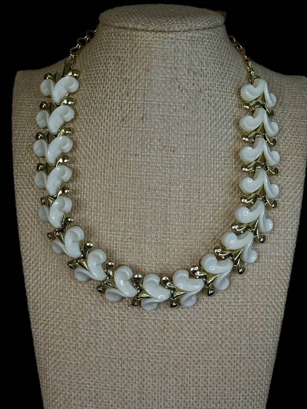 Vintage White Enamel Necklace Earrings Set, Gold Tone Demi Parure, Screw Backs